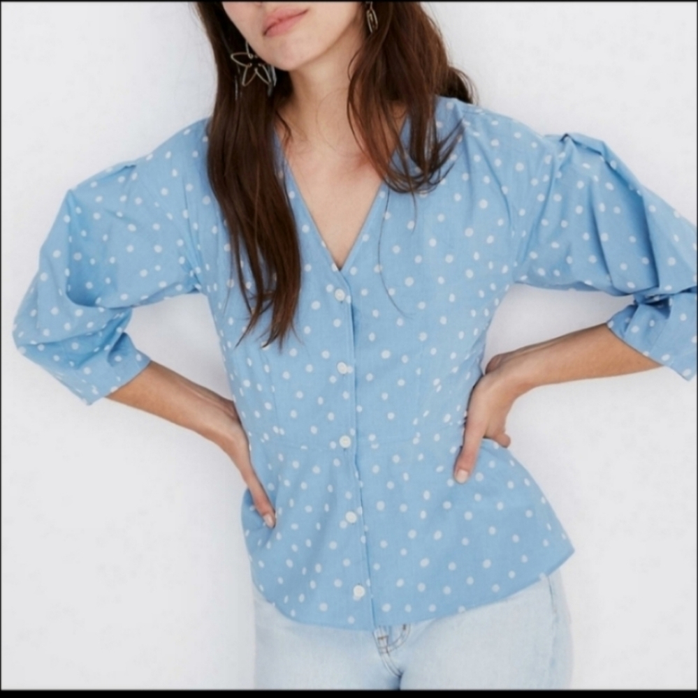 Madewell Florentine Blue Peplum Top In White Inkspot Dots